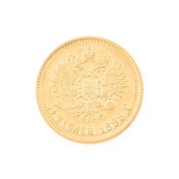 Gold coin, Nicholas II, Russia, 5 Rubles, 1898.