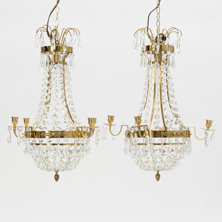 A contemporary pair of chandeliers.