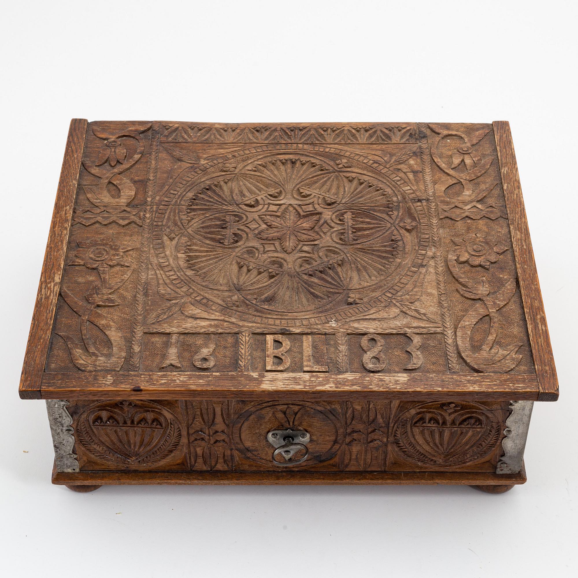 A Swedish baroque oak chest, presumably Westrogothia, dated 1683.
