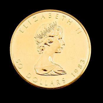 GULDMYNT, fine gold, 50 dollar, Elizabeth II, Canada, 1983. Vikt ca 31 gram.