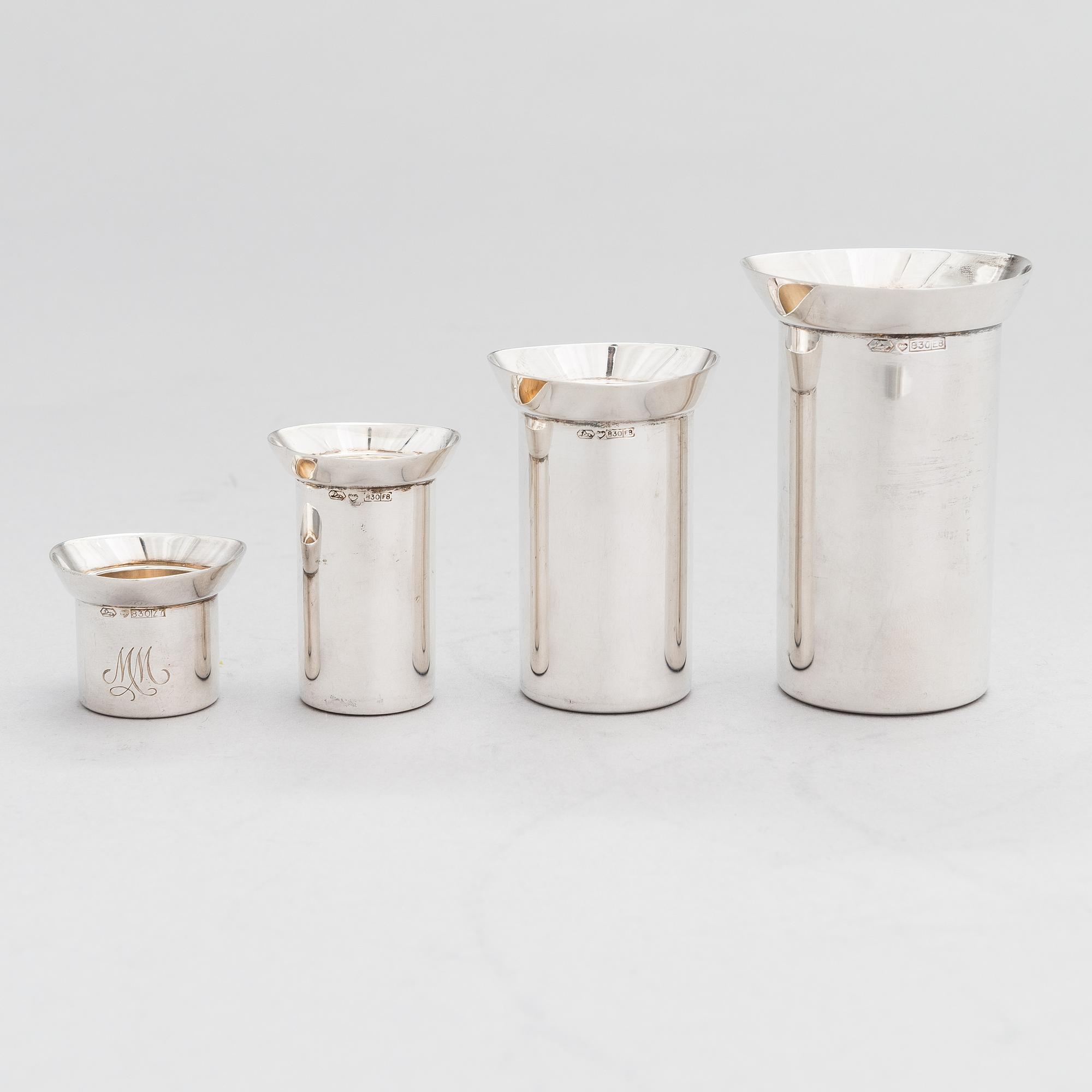 A set of four spirit measuring cups in silver (830), Kultakeskus, Hämeenlinna 1983.