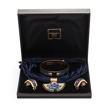 Michaela Frey, armband, halssmycke, örhängen, förgylld metall, emalj, Österrike.