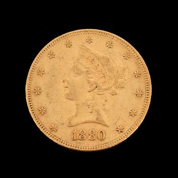 TEN DOLLARS GOLD COIN from 1880. Weight ca 17 grams.