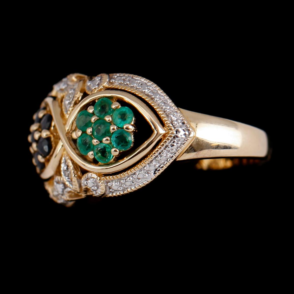 RING, 10 k guld, smaragder, rubiner, safirer, diamanter.