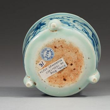 A blue and white tripod censer, Ming dynasty, 15th Century.