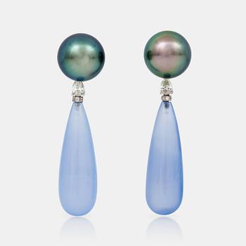 A pair of cultured Tahiti pearl, chalcedony and drop-shaped diamond earrings.