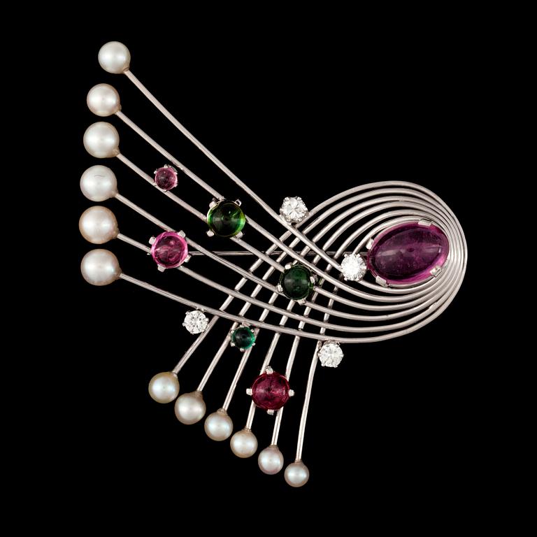A cultured pearl, tourmaline and brilliant-cut diamond brooch. Diamond total carat weight 1.00 ct.