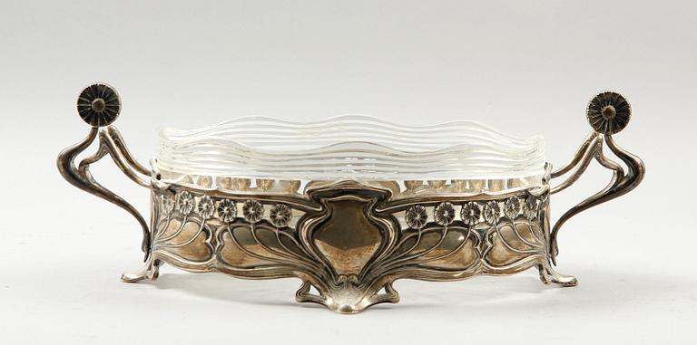 JARDINIERE, silver och glas, C G Hallberg, Stockholm, jugendstil. 1900-tal.