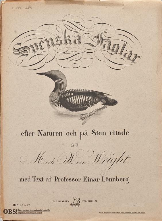 WILHELM VON WRIGHT, ca 320 st, litografiska tryck, "Svenska fåglar".