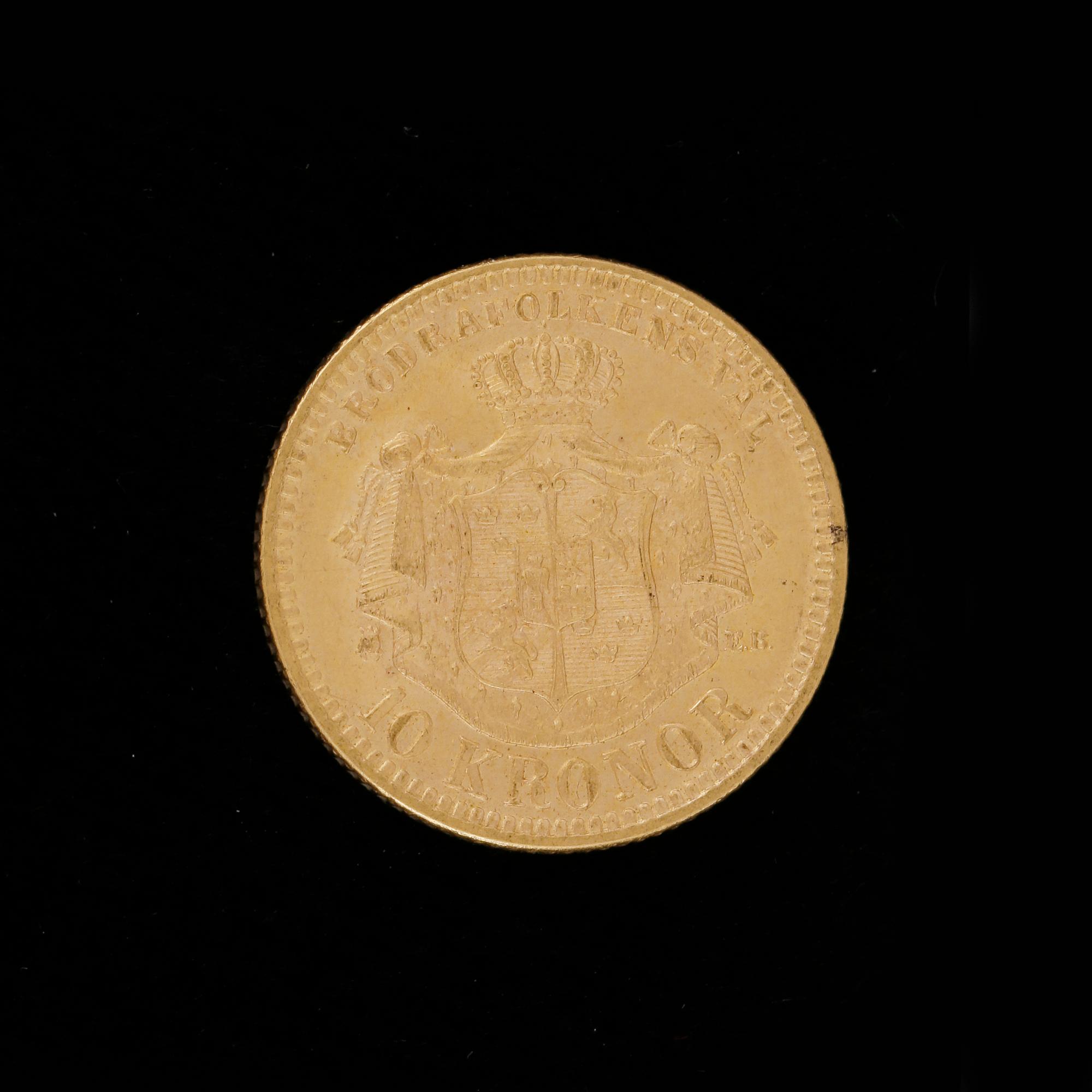 GULDMYNT, 10 kronor, Oscar II, 1894. Vikt ca 5 gram.