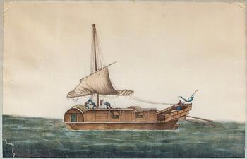 MÅLNINGAR, sex stycken, tusch och akvarell på rispapper. Kina, Qingdynastin, 1800-tal. "Djonker".