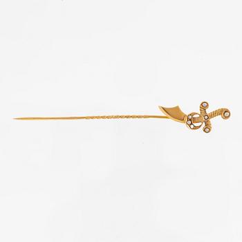 Tie pin/hat pin, in the form of a sword, 18K gold with seed pearls.