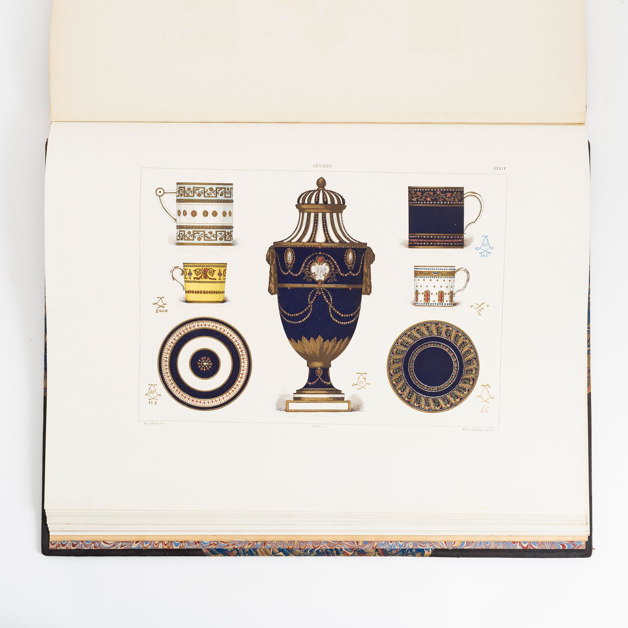A book, La Porcelaine Tendre, de Sevres, par Edouard Garnier. 50 Planches reproduisant 250 motifs en aqurelle. Paris.