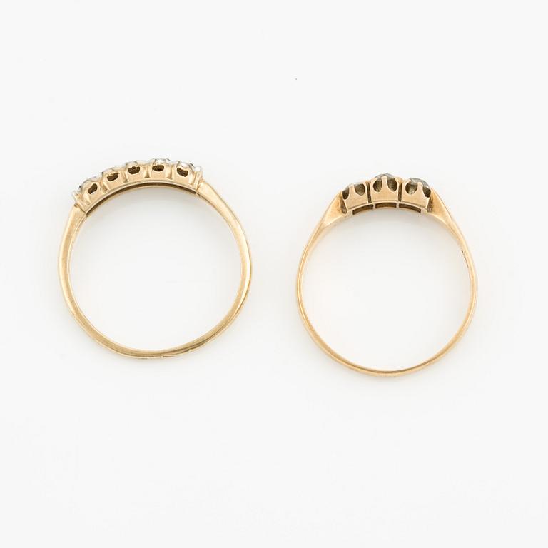 Rings, 2 pcs, 14K gold and 18K gold with small diamonds.