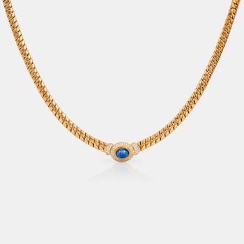 A circa 12.80ct cabochon-cut sapphire and brilliant-cut diamond necklace.