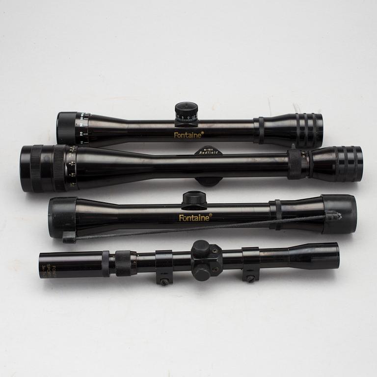 GEVÄRSTILLBEHÖR, bland annat 4 kikarsikten. 1900-tal.