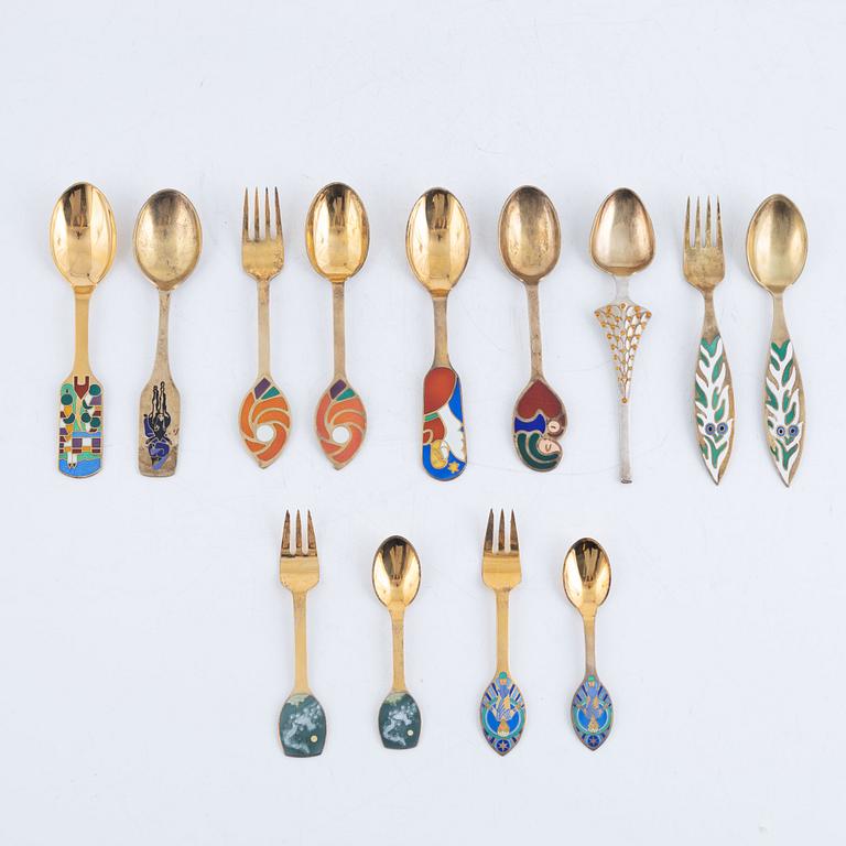 Anton Michelsen, Christmas cutlery, 13 pieces, gilded sterling silver and enamel, Denmark.