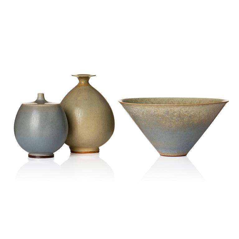Berndt Friberg, a set of two stoneware vases and a bowl, Gustavsbergs Studio 1955-66.