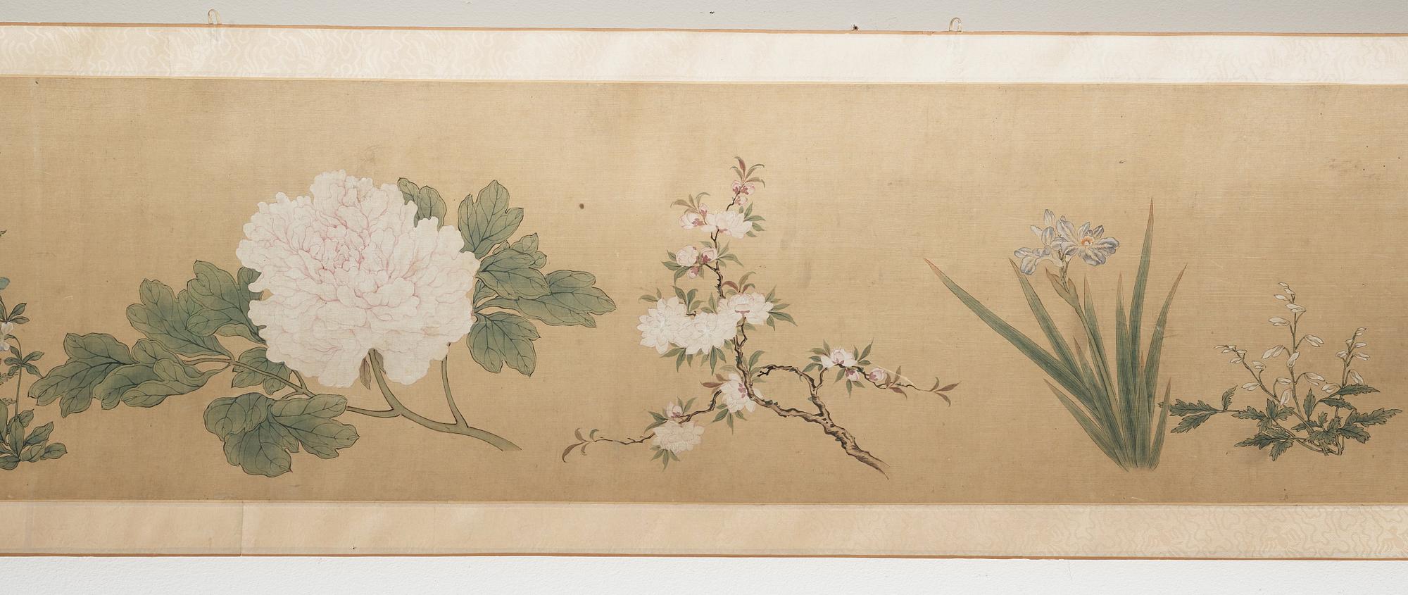 RULLMÅLNING, akvarell och tusch på silke. efter Wang Guxiang (1501-1568), troligen Qing dynastin (1644-1912).
