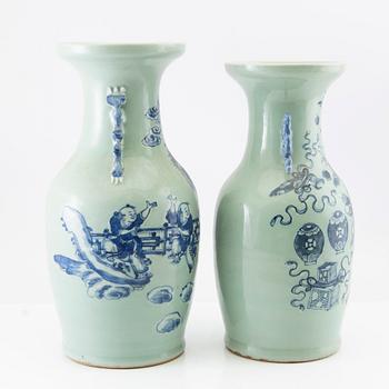 Two underglaze blue and celadon ground vases, late Qing dynasty and 20th century.