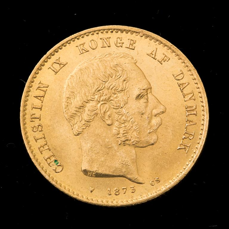 GULDMYNT, 20 kroner, Christian IX, Danmark, 1873. Vikt ca 9 gram.