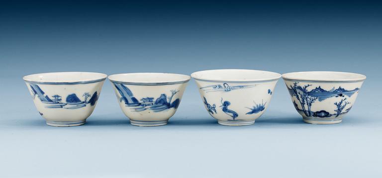 A set of four blue and white wine cups, 17th Century.
