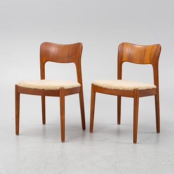 A set of six teak dining chairs upholstered in new sheepskin by Niels Koefoed, Denmark, 1960's.