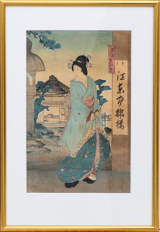 Tre träsnitt, Yoshu Chikanobu samt två delar av en triptyk, okänd konstnär, Japan 1800-tal.