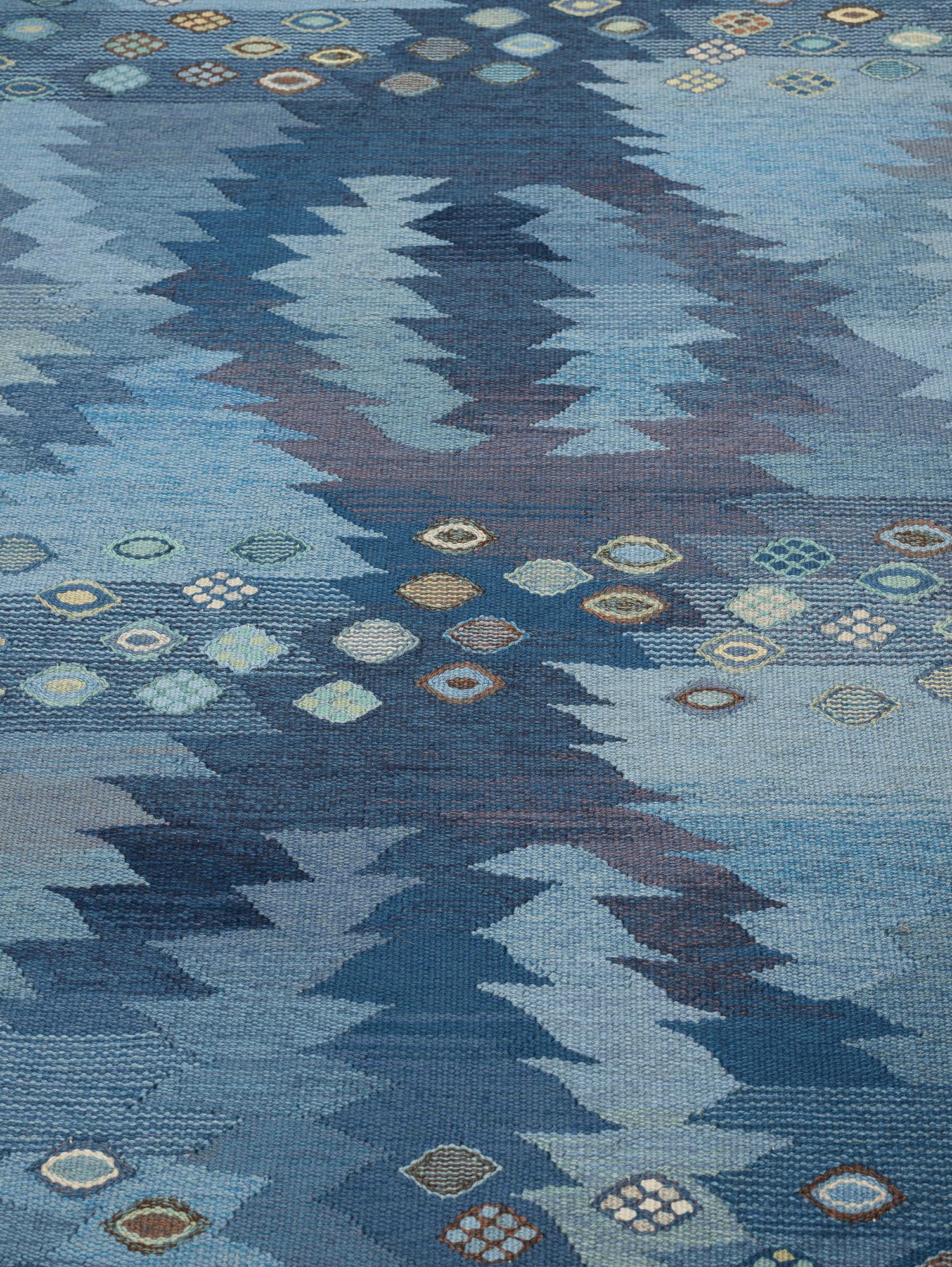 Barbro Nilsson, A carpet, "Tånga blå", flat weave, ca 355 x 252-256 cm, signed AB MMF BN.