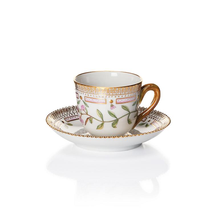 A set of nine Royal Copenhagen 'Flora Danica' coffee cups with stands, Denmark, 20th Century.