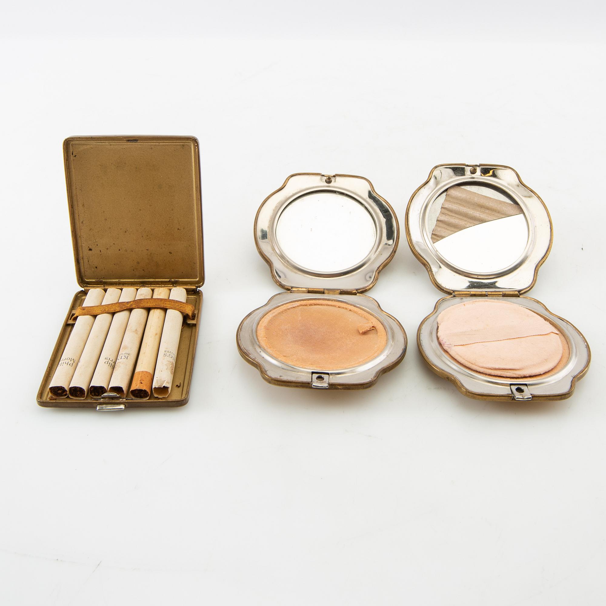 Powder boxes, a pair, and a cigarette case, early 20th century.