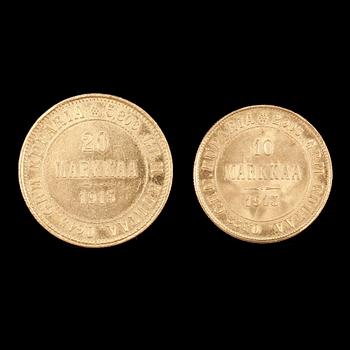 GULDMYNT, 2st, lägst 20k guld, 20 mark resp 10 mark, Finland/Ryssland, 1913. Totalvikt ca8,7g.