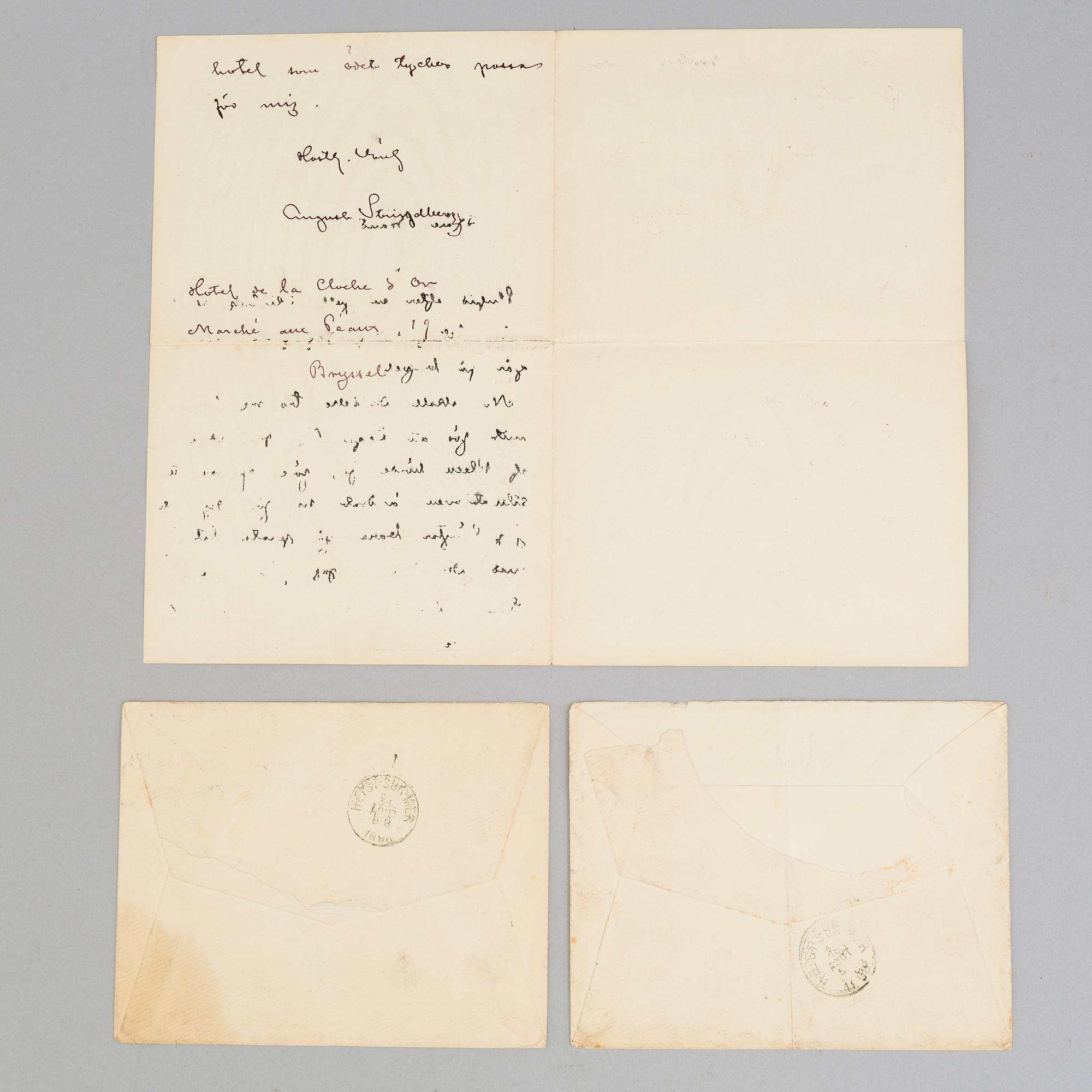 A letter and two envelope, August Strindberg.