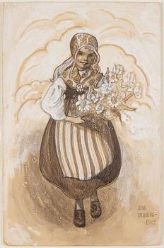 Aina Stenberg-Masolle, Girl in folk costume carrying flowers.