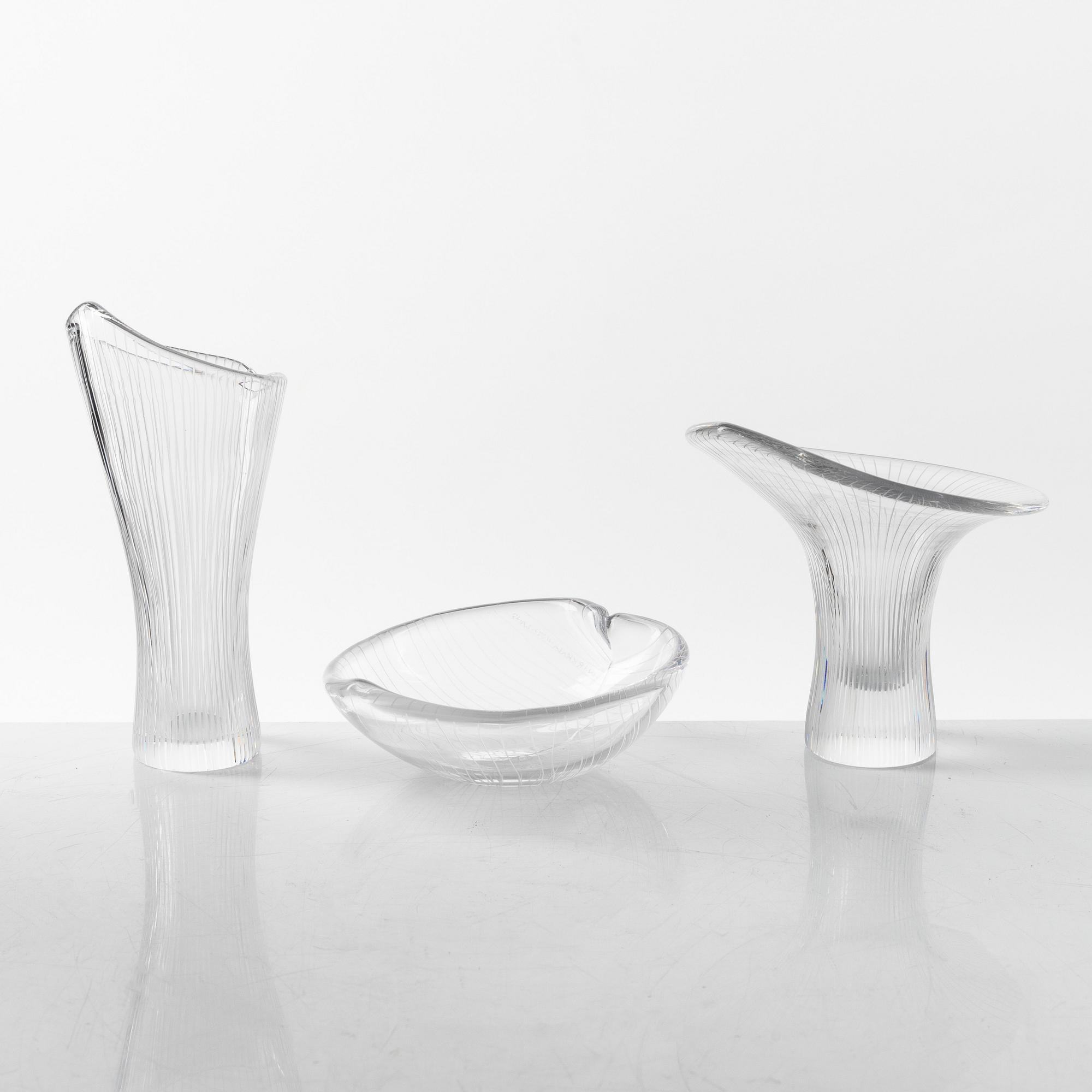 Tapio Wirkkala, two 'Kantarelli' vases and a bowl, Iittala, Finland, 1956-57.