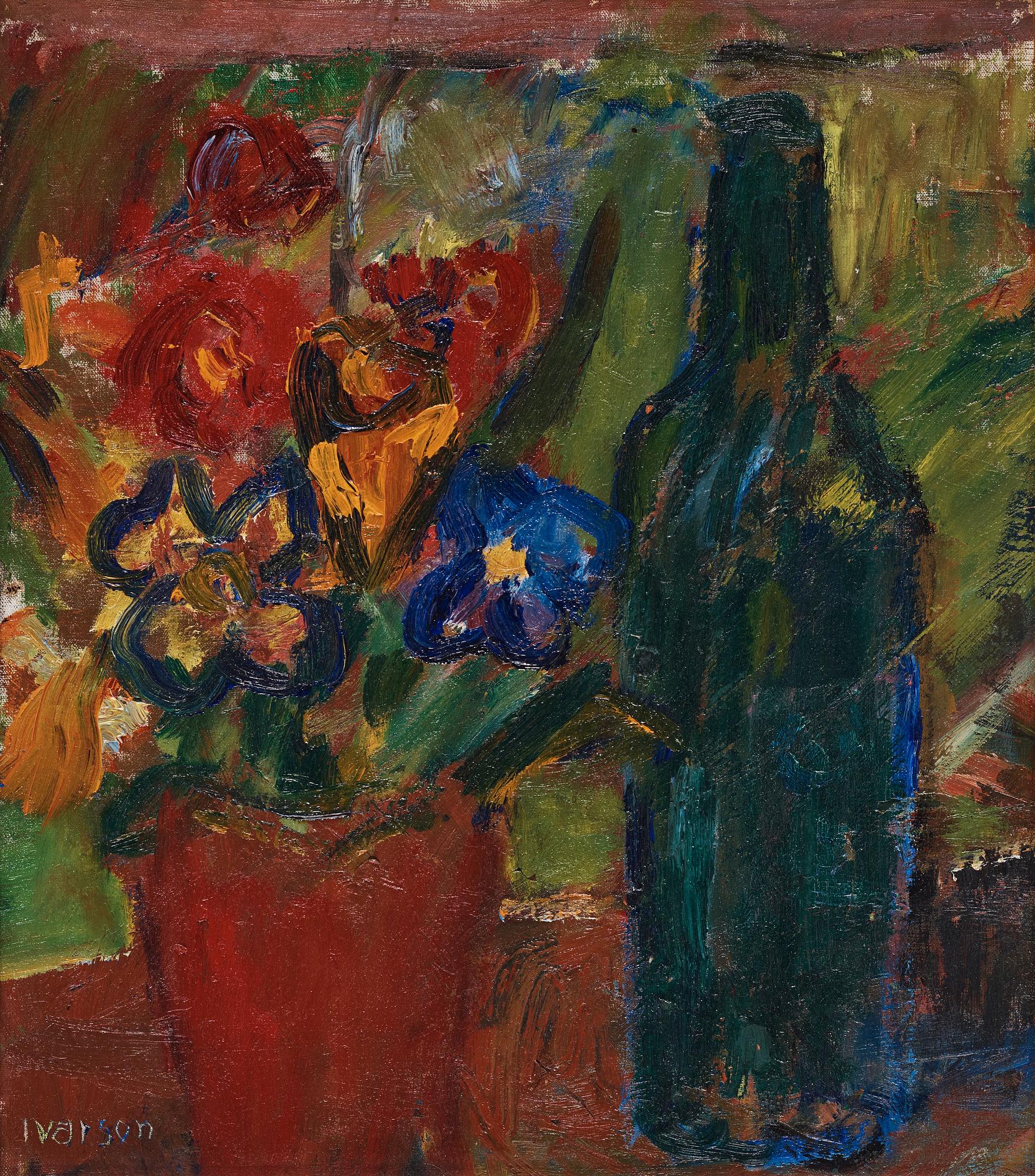 Ivan Ivarson, Still life with flowers an a blue bottle.