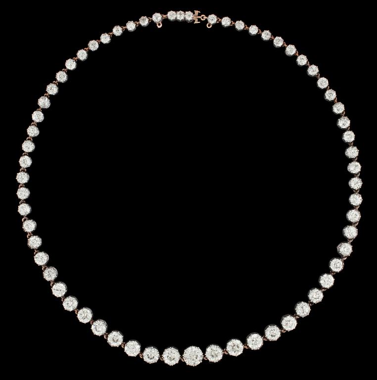An old cut diamond rivièré necklace, tot. app. 20 cts.