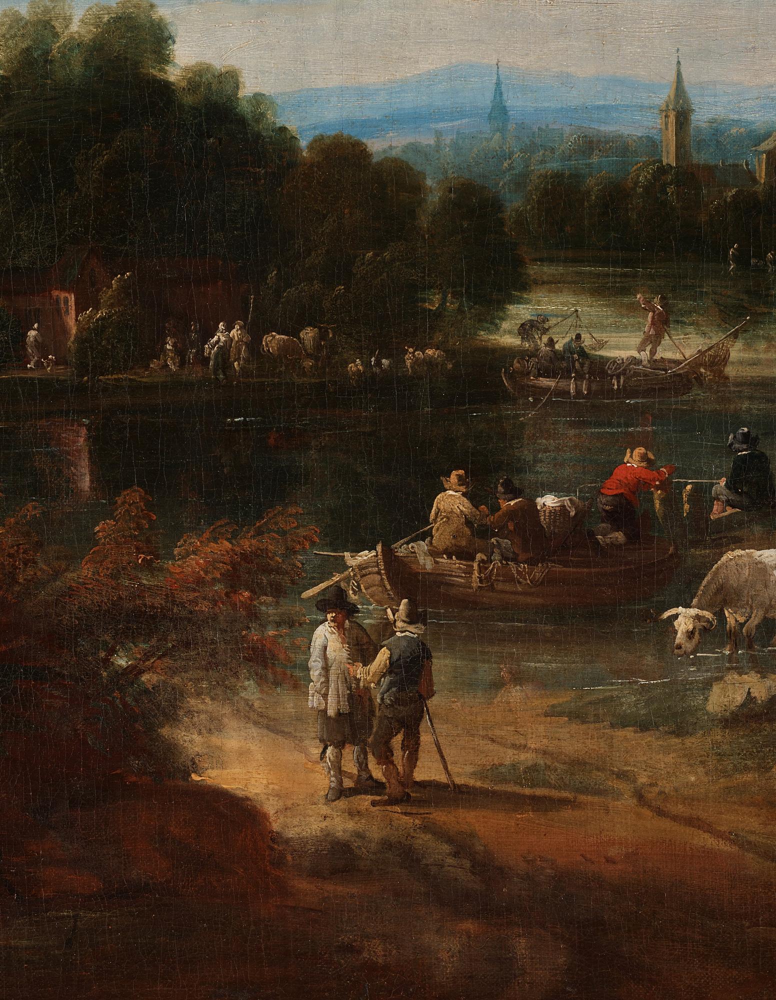 Gaspar de Witte Hans krets, Vidsträckta landskap med figurer vid by, ett par.