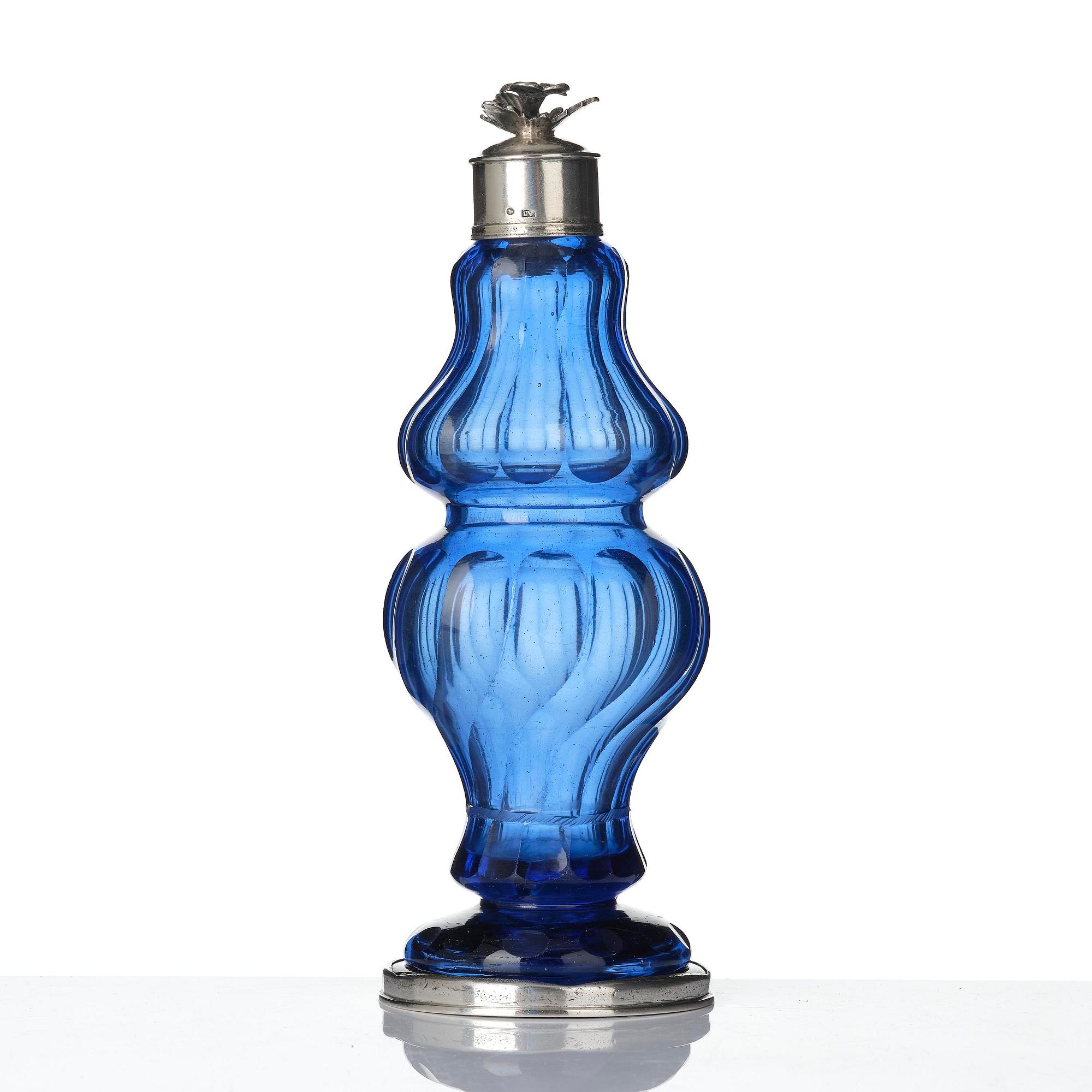 A Swedish Rococo blue glass and silver bottle, marked Lorenz Vick (Ulricehamn 1766-1808).