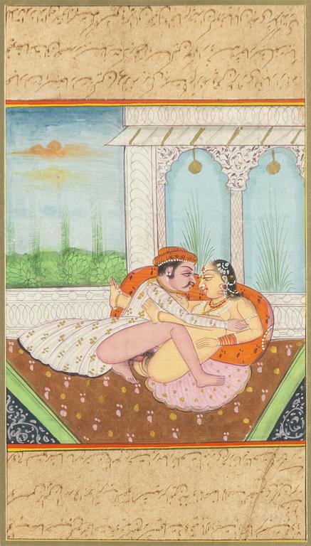 Unidentified artist, Erotic scenes in interiors, India, 20th century. Two pieces.