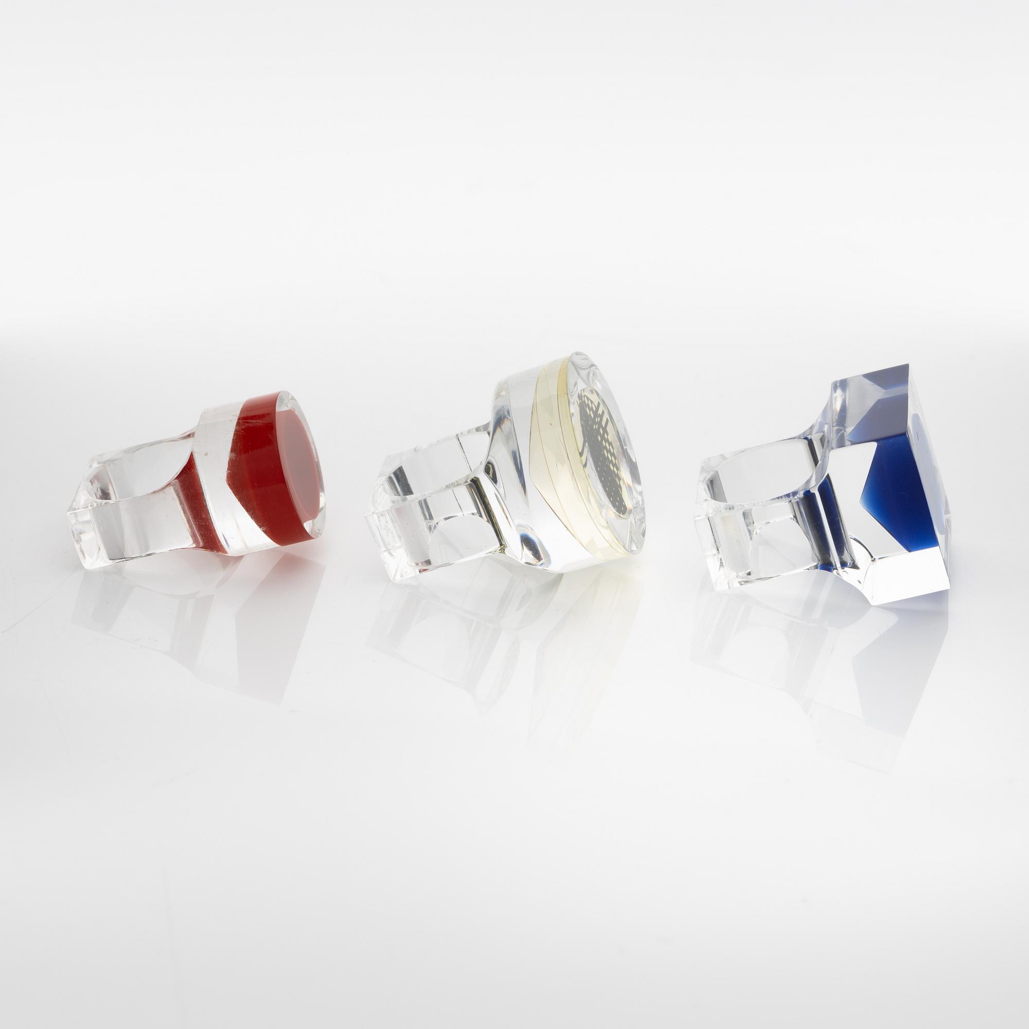 Siv Lagerström, three acrylic plastic rings, 1970s.