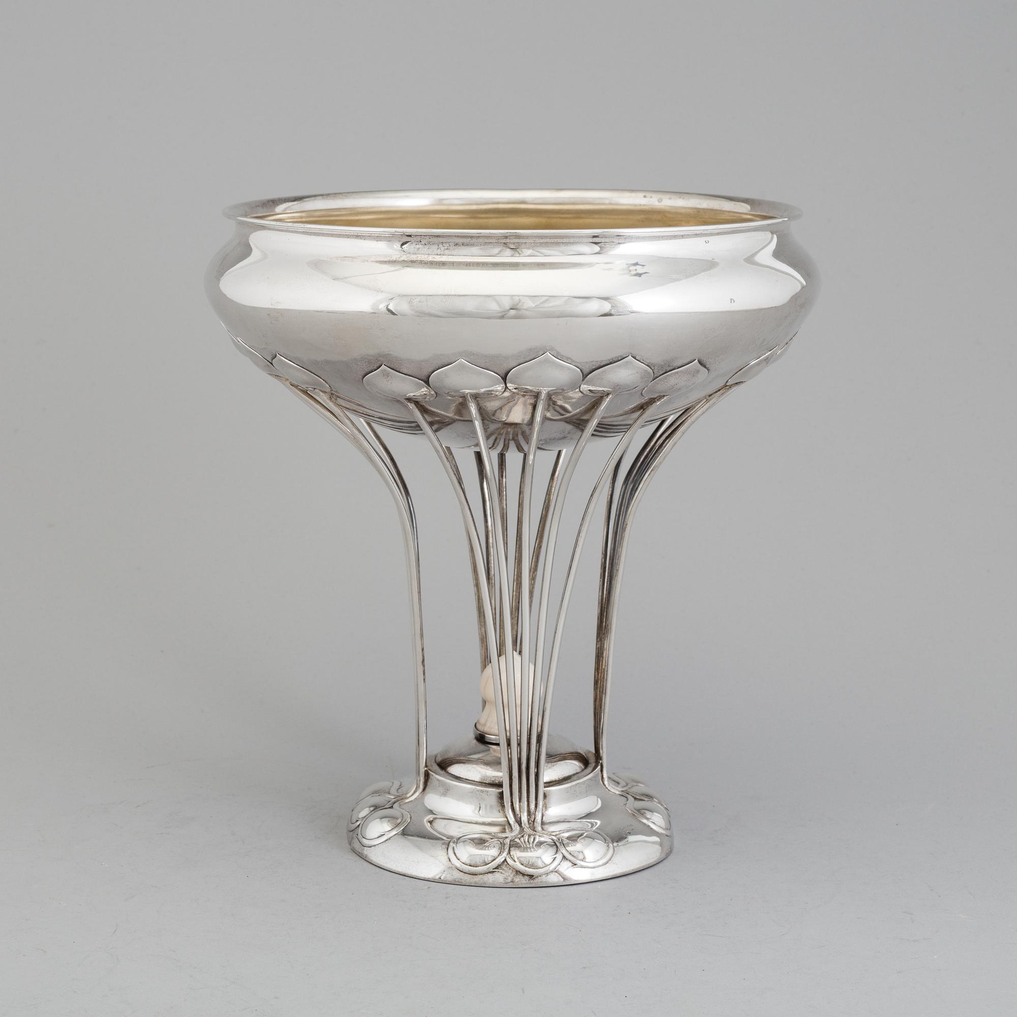 A Swedish Art Nouveau parcel-gilt and bone centerpiece bowl on a stand, maker's mark CG Hallberg, Stockholm, 1902.
