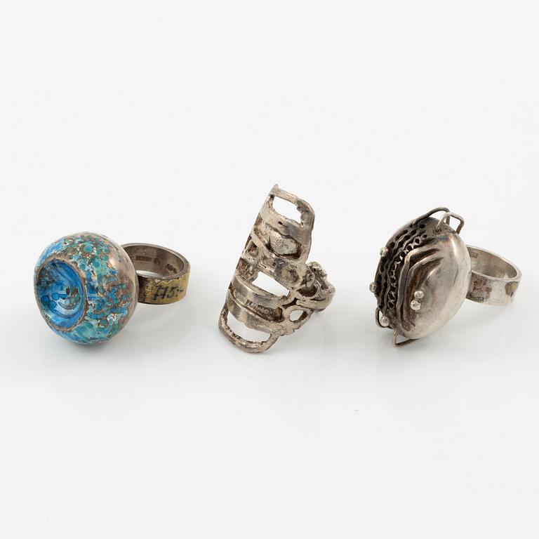 Lars Arby, three rings, sterling silver and enamel, Gothenburg 1966, 1968 and 1970.
