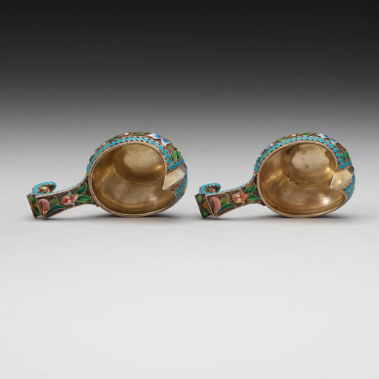 A pair of Russian silver-gilt and enameled kovsch/salts, unidentified makers mark, Moscow 1899-1908.