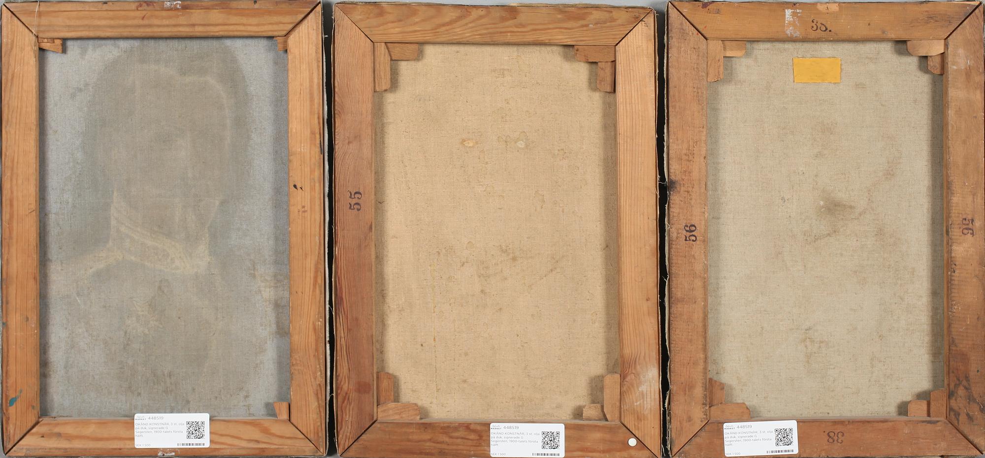 OKÄND KONSTNÄR, 3 st, olja på duk, signerade G Segersten, 1900-talets första hälft.