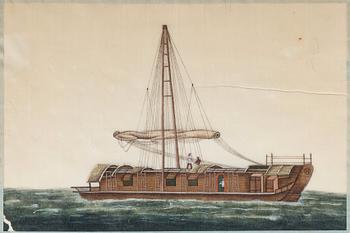 MÅLNINGAR, sex stycken, tusch och akvarell på rispapper. Kina, Qingdynastin, 1800-tal. "Djonker".
