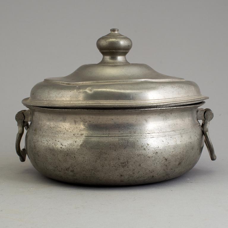 A lidded pewter bowl by Lars Löfgren (active 1823-73), Uppsala, Sweden.