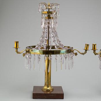 A pair of late Gustavian style three-light candelabra.
