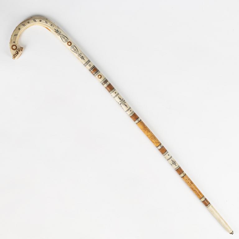 Anton Enarsson, a reindeer horn, birch and pewter walking stick, signed AE and dated 1965.