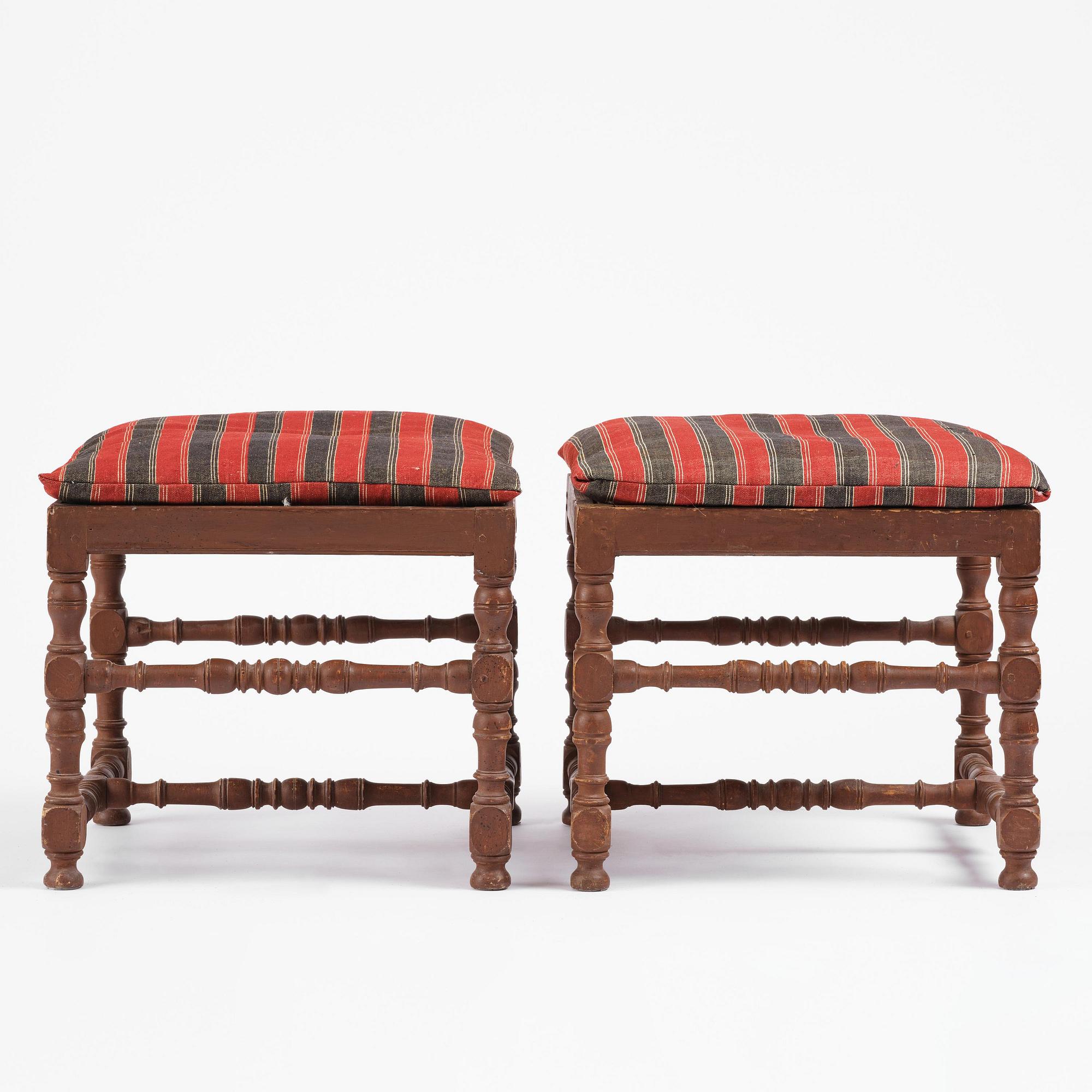 A pair of Swedish baroque stools, circa 1700.